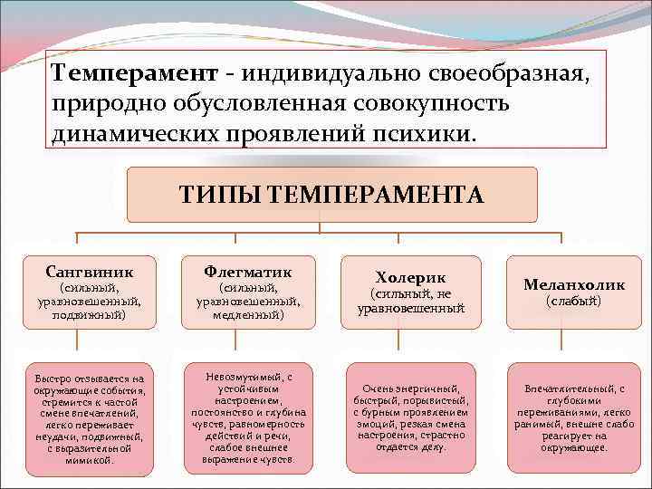 Темперамент - индивидуально своеобразная, природно обусловленная совокупность динамических проявлений психики. ТИПЫ ТЕМПЕРАМЕНТА Сангвиник Флегматик