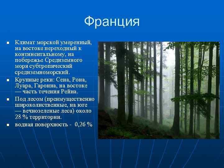 Франция n n Климат морской умеренный, на востоке переходный к континентальному, на побережье Средиземного