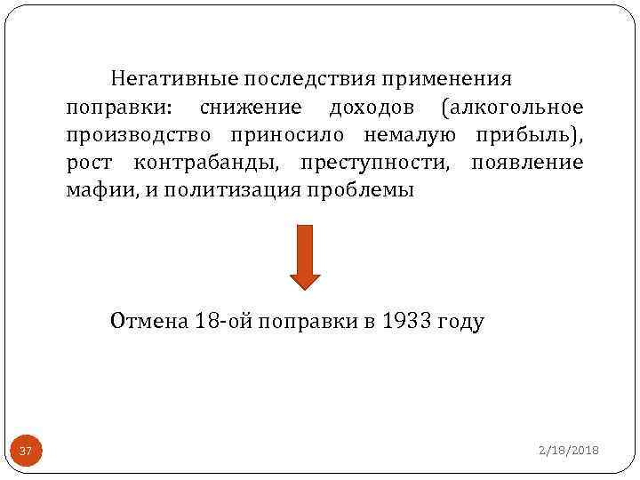 Негативные последствия применения поправки: снижение доходов (алкогольное производство приносило немалую прибыль), рост контрабанды, преступности,