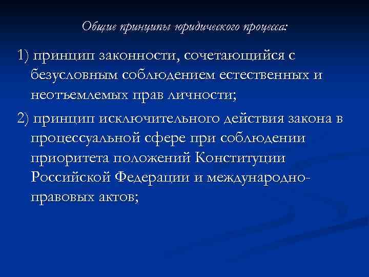 Общие принципы юридического процесса: 1) принцип законности, сочетающийся с безусловным соблюдением естественных и неотъемлемых