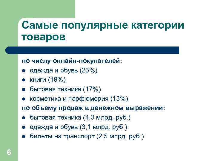 Самые популярные категории товаров по числу онлайн-покупателей: l одежда и обувь (23%) l книги