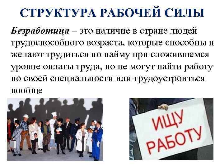 СТРУКТУРА РАБОЧЕЙ СИЛЫ Безработица – это наличие в стране людей трудоспособного возраста, которые способны