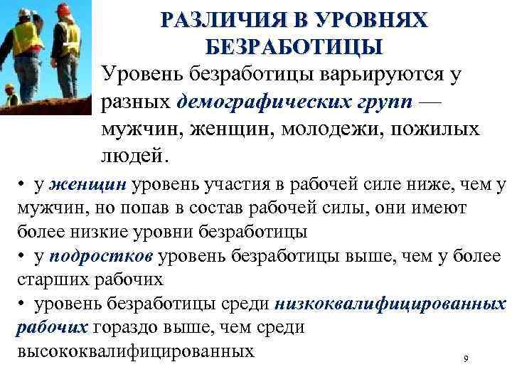 РАЗЛИЧИЯ В УРОВНЯХ БЕЗРАБОТИЦЫ Уровень безработицы варьируются у разных демографических групп — мужчин, женщин,