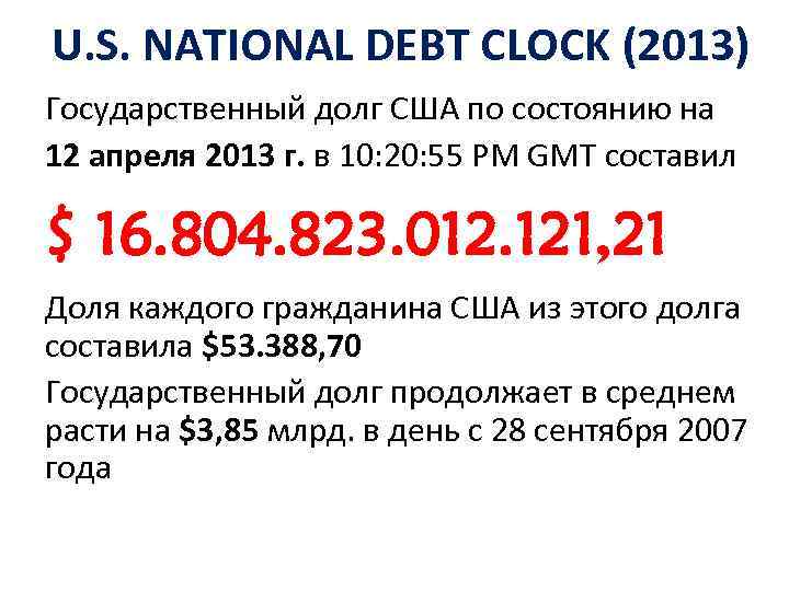 U. S. NATIONAL DEBT CLOCK (2013) Государственный долг США по состоянию на 12 апреля