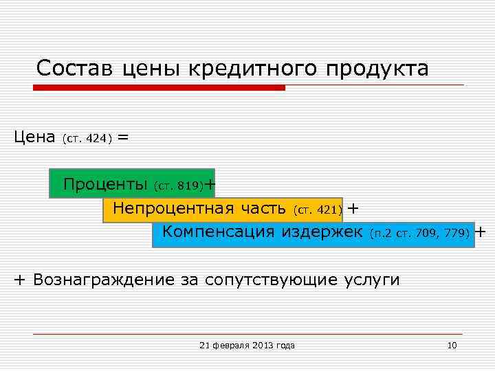 Состав цены кредитного продукта Цена (ст. 424) = Проценты (ст. 819)+ Непроцентная часть (ст.