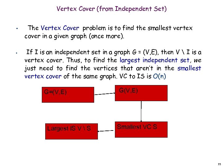 Vertex Cover (from Independent Set) • • The Vertex Cover problem is to find