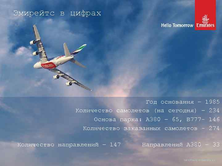 Эмирейтс в цифрах Год основания – 1985 Количество самолетов (на сегодня) – 234 Основа