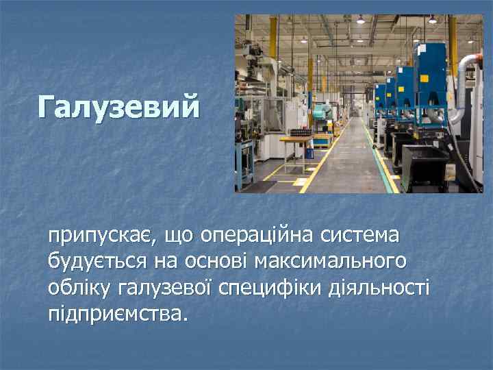 Галузевий припускає, що операційна система будується на основі максимального обліку галузевої специфіки діяльності підприємства.