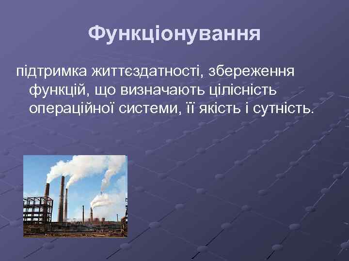 Функціонування підтримка життєздатності, збереження функцій, що визначають цілісність операційної системи, її якість і сутність.