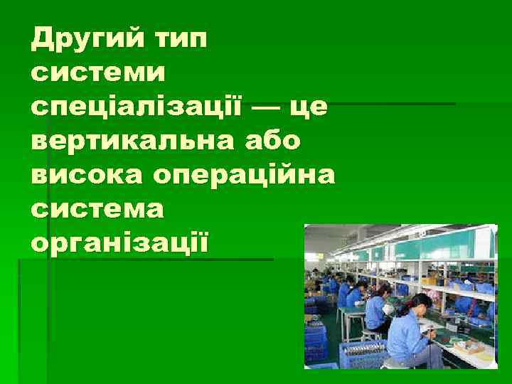 Другий тип системи спеціалізації — це вертикальна або висока операційна система організації 