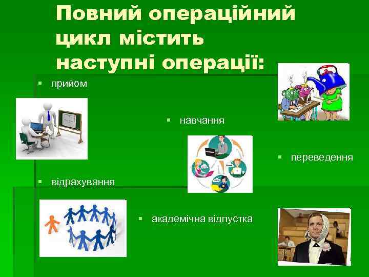 Повний операційний цикл містить наступні операції: § прийом § навчання § переведення § відрахування