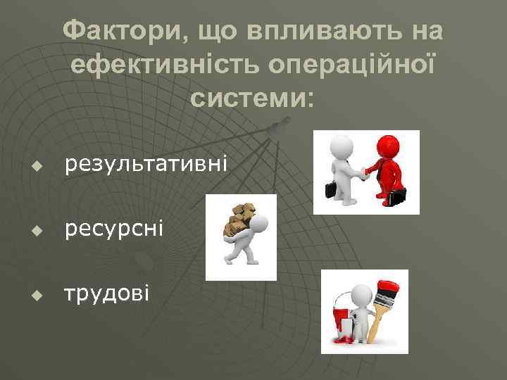 Фактори, що впливають на ефективність операційної системи: u результативні u ресурсні u трудові 