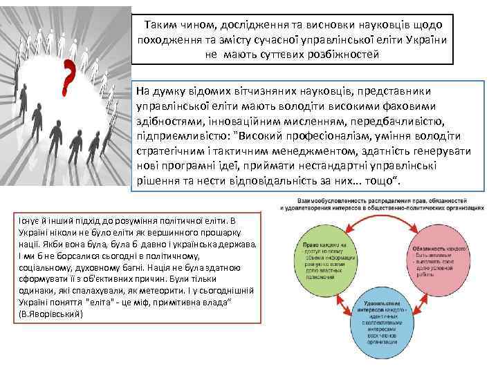  Таким чином, дослідження та висновки науковців щодо походження та змісту сучасної управлінської еліти