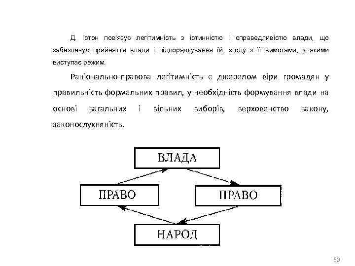 Д. Істон пов'язує легітимність з істинністю і справедливістю влади, що забезпечує прийняття влади і