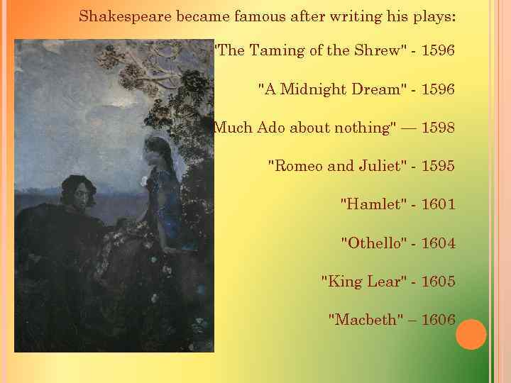 Shakespeare became famous after writing his plays: "The Taming of the Shrew" - 1596