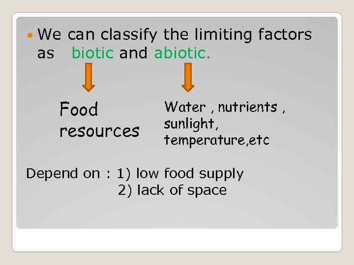  We can classify the limiting factors as biotic and abiotic. Food resources Water