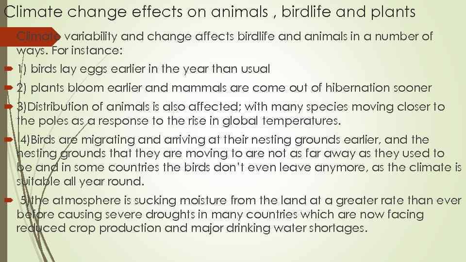 Climate change effects on animals , birdlife and plants Climate variability and change affects