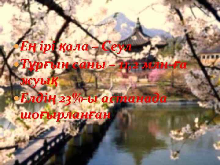  Ең ірі қала – Сеул Тұрғын саны – 11, 2 млн-ға жуық Елдің