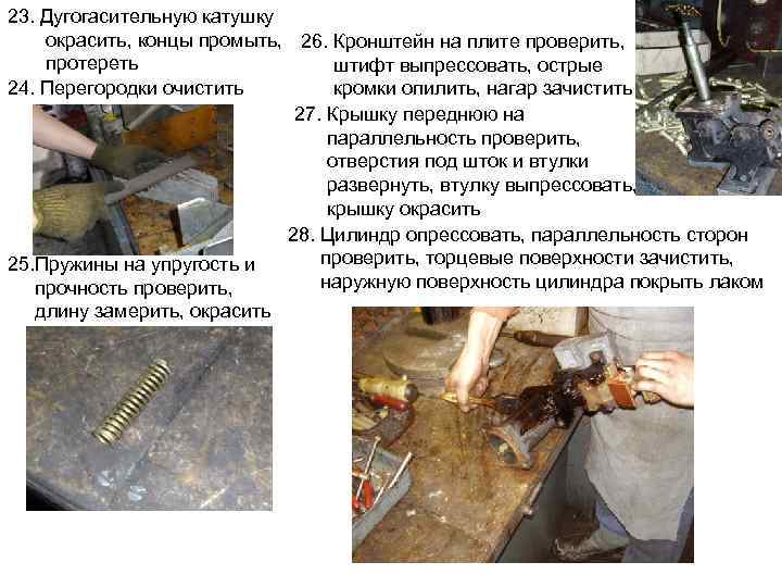 23. Дугогасительную катушку окрасить, концы промыть, 26. Кронштейн на плите проверить, протереть штифт выпрессовать,
