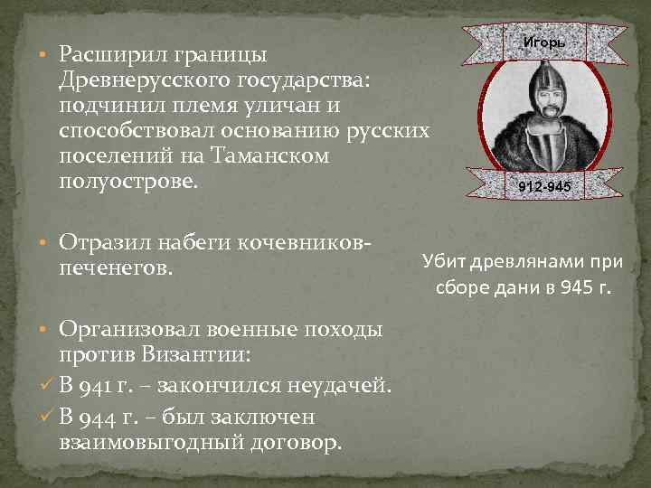  • Расширил границы Игорь Древнерусского государства: подчинил племя уличан и способствовал основанию русских