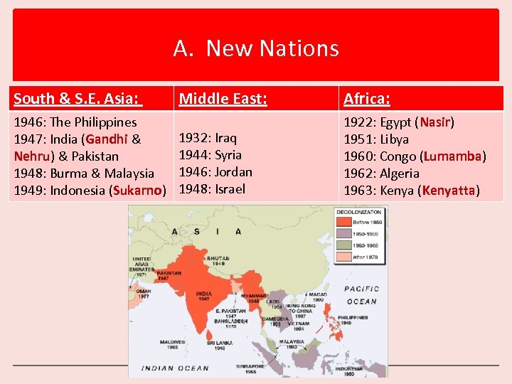 A. New Nations South & S. E. Asia: 1946: The Philippines 1947: India (Gandhi