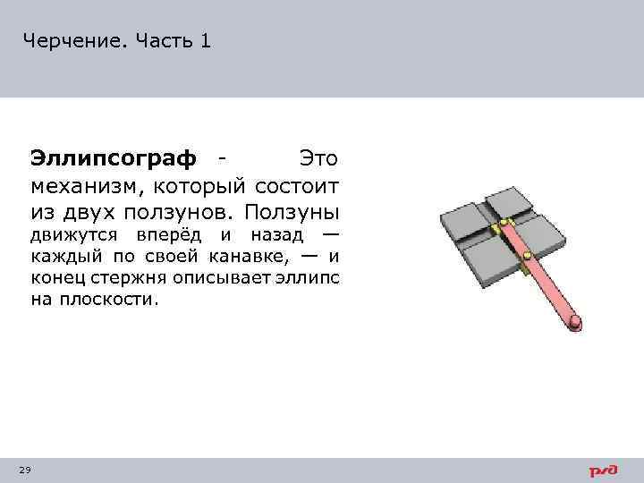 Черчение. Часть 1 Эллипсограф Это механизм, который состоит из двух ползунов. Ползуны движутся вперёд