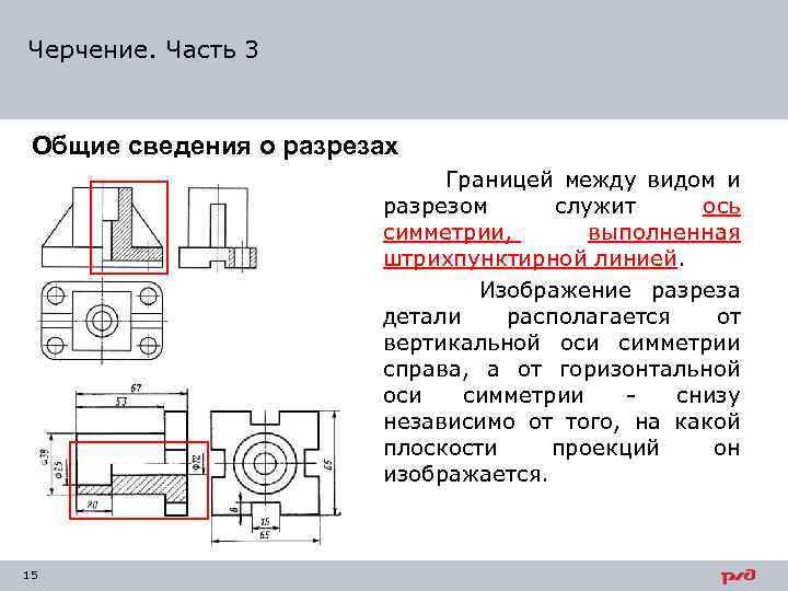 Виды разрезов на чертежах деталей. Разрез несимметричной детали. Разрез симметричной детали на чертеже. Разрез детали по оси симметрии. Общие сведения о сечениях и разрезах.