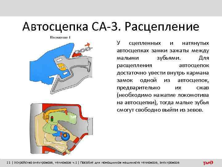 Автосцепка СА-3. Расцепление У сцепленных и натянутых автосцепках замки зажаты между малыми зубьями. Для