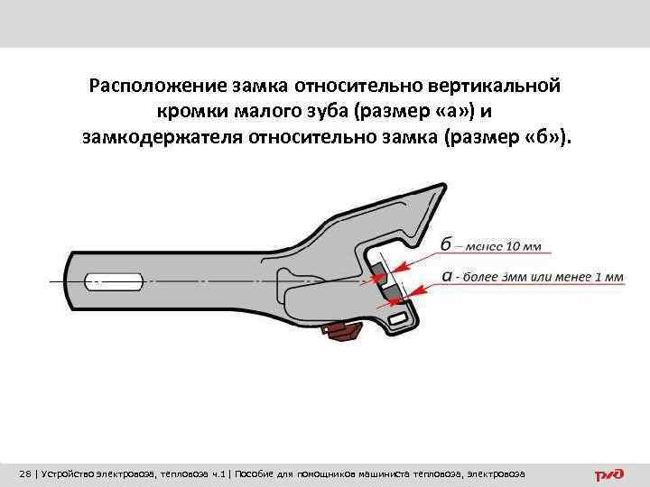 Расположение замка относительно вертикальной кромки малого зуба (размер «а» ) и замкодержателя относительно замка