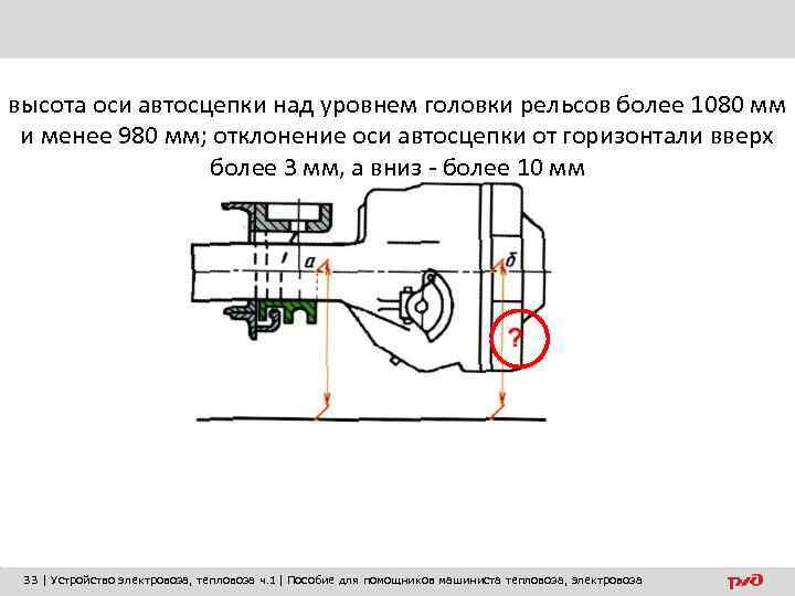 высота оси автосцепки над уровнем головки рельсов более 1080 мм и менее 980 мм;