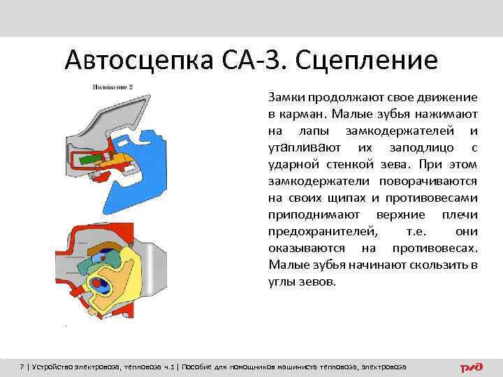 Автосцепка СА-3. Сцепление Замки продолжают свое движение в карман. Малые зубья нажимают на лапы