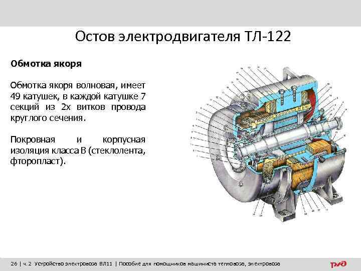 Остов электродвигателя ТЛ-122 Обмотка якоря волновая, имеет 49 катушек, в каждой катушке 7 секций
