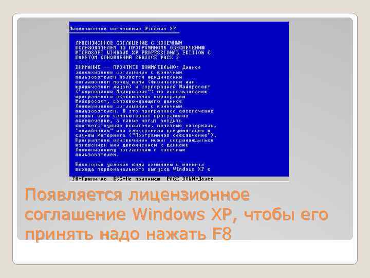 Появляется лицензионное соглашение Windows XP, чтобы его принять надо нажать F 8 
