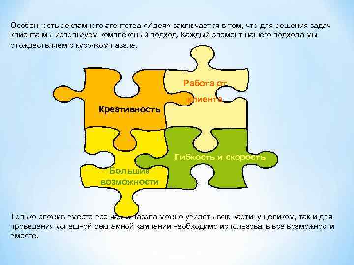 Особенность рекламного агентства «Идея» заключается в том, что для решения задач клиента мы используем