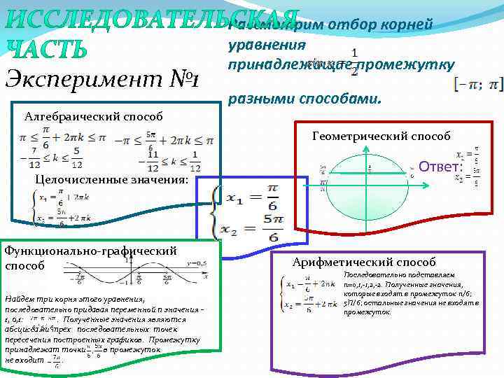 Эксперимент № 1 Рассмотрим отбор корней уравнения принадлежащие промежутку разными способами. Алгебраический способ Геометрический