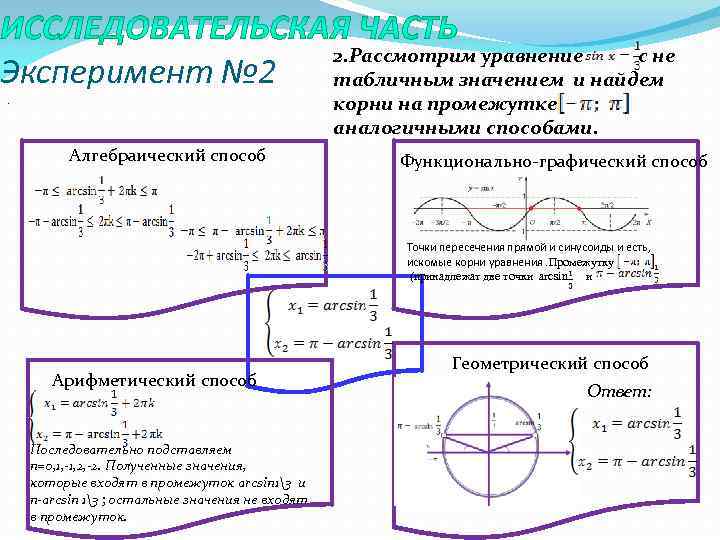 Эксперимент № 2. Алгебраический способ 2. Рассмотрим уравнение с не табличным значением и найдем
