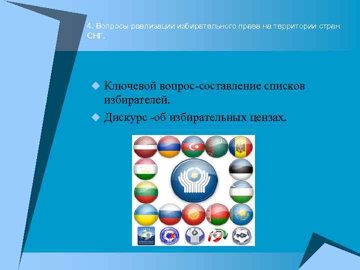 4. Вопросы реализации избирательного права на территории стран СНГ. u Ключевой вопрос-составление списков избирателей.