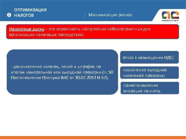 ОПТИМИЗАЦИЯ НАЛОГОВ Минимизация рисков Налоговые риски – это вероятность наступления неблагоприятных для организации налоговых