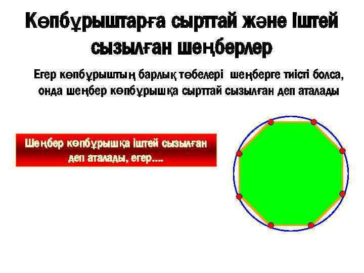 Көпбұрыштарға сырттай және іштей сызылған шеңберлер Егер көпбұрыштың барлық төбелері шеңберге тиісті болса, онда