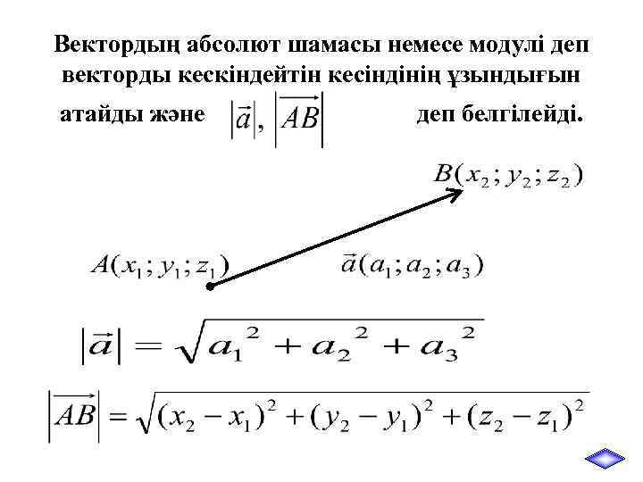 Вектордың абсолют шамасы немесе модулі деп векторды кескіндейтін кесіндінің ұзындығын атайды және деп белгілейді.