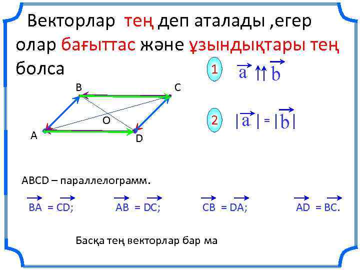Векторлар тең деп аталады , егер олар бағыттас және ұзындықтары тең 1 a болса