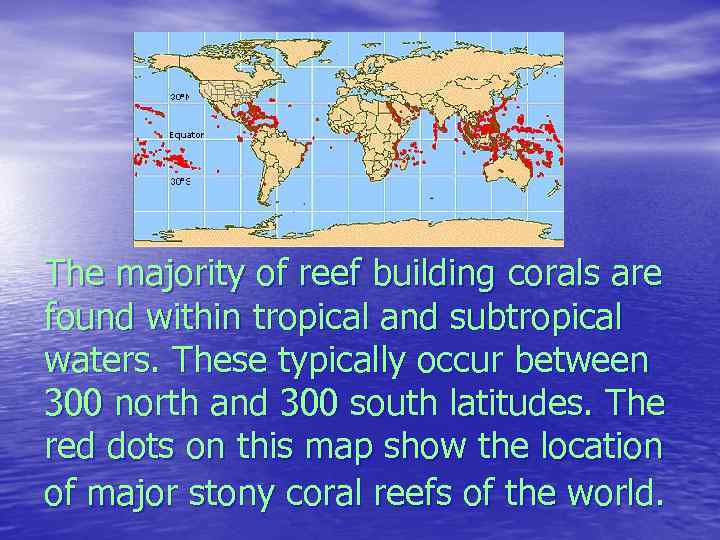 The majority of reef building corals are found within tropical and subtropical waters. These