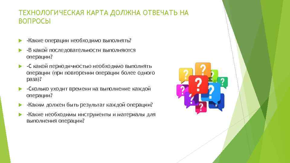 ТЕХНОЛОГИЧЕСКАЯ КАРТА ДОЛЖНА ОТВЕЧАТЬ НА ВОПРОСЫ -Какие операции необходимо выполнять? -В какой последовательности выполняются