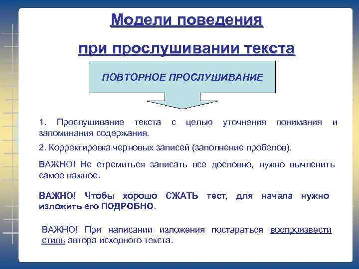 Модели поведения при прослушивании текста ПОВТОРНОЕ ПРОСЛУШИВАНИЕ 1. Прослушивание текста запоминания содержания. с целью