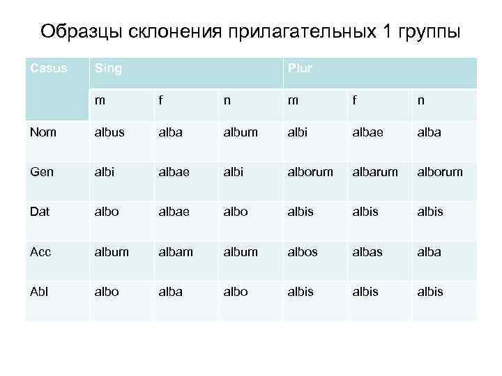 Образцы склонения прилагательных 1 группы Casus Sing Plur m f n Nom albus alba