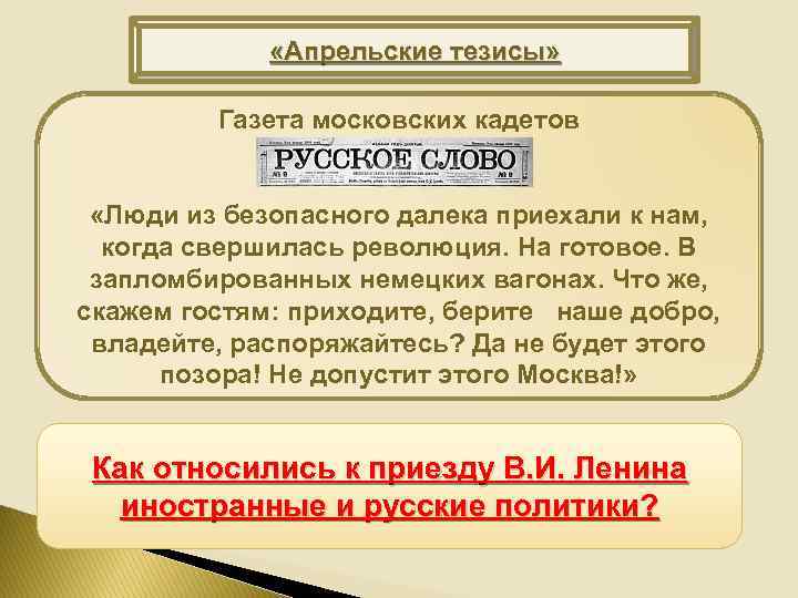  «Апрельские тезисы» Газета московских кадетов «Люди из безопасного далека приехали к нам, когда