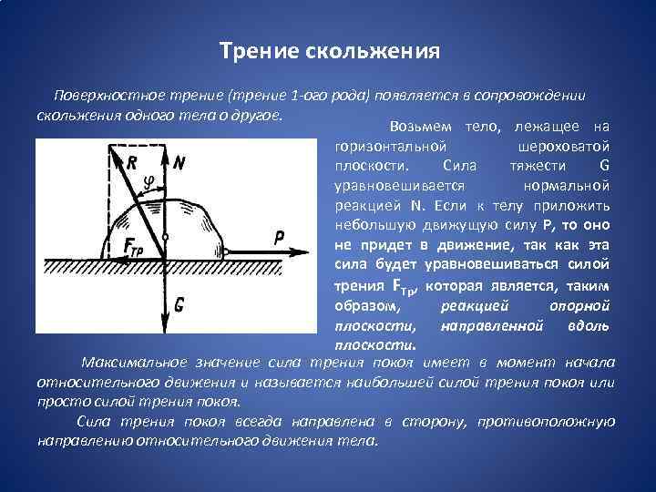 Трение скольжения Поверхностное трение (трение 1 -ого рода) появляется в сопровождении скольжения одного тела