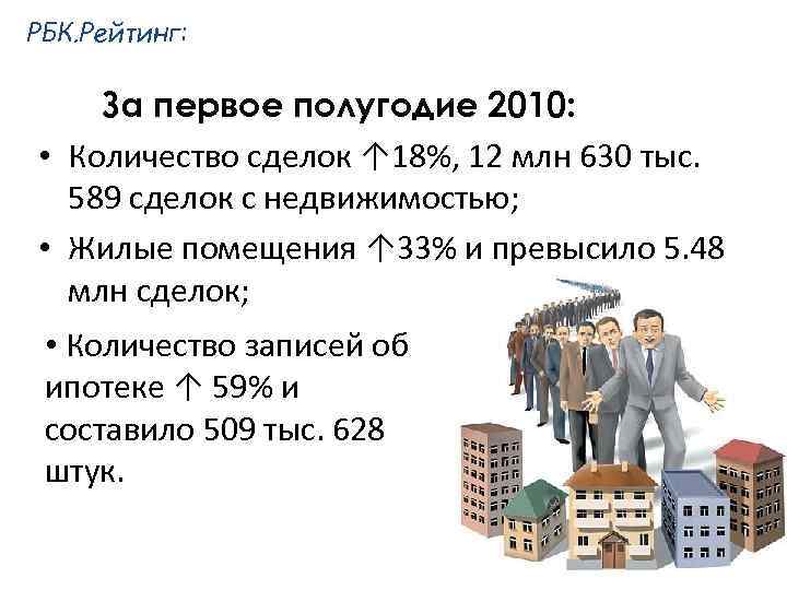 РБК. Рейтинг: За первое полугодие 2010: • Количество сделок ↑ 18%, 12 млн 630