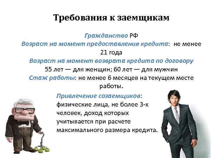 Требования к заемщикам Гражданство РФ Возраст на момент предоставления кредита: не менее 21 года