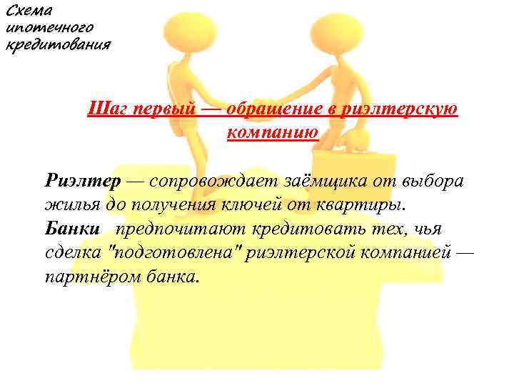 Схема ипотечного кредитования Шаг первый — обращение в риэлтерскую компанию Риэлтер — сопровождает заёмщика